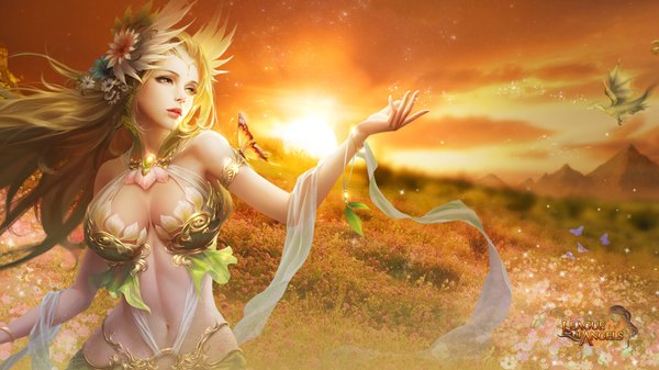 Anime picture 1920x1080 with league of angels sylvia (league of angels) tagme (artist) single long hair highres breasts light erotic blonde hair wide image large breasts brown eyes hair flower sunlight fantasy field girl hair ornament flower (flowers) insect