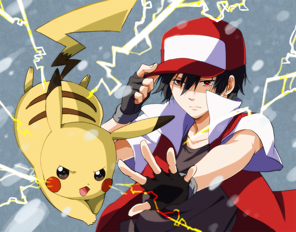 Anime picture 1200x941 with pokemon nintendo pikachu red (pokemon) dante0909 looking at viewer short hair black hair red eyes holding jumping serious lightning gen 1 pokemon boy gloves fingerless gloves