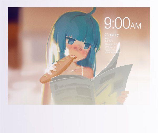 Anime picture 1059x893 with original hjl single long hair fringe open mouth bare shoulders holding looking away ahoge blunt bangs head tilt aqua eyes blurry aqua hair text border eating english bandaid on nose