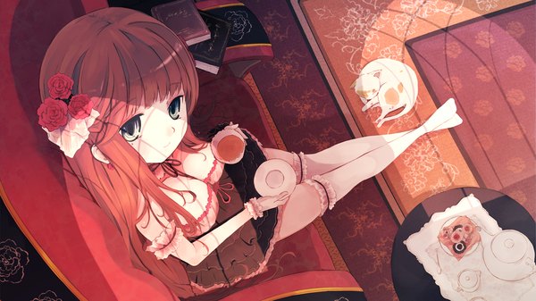 Anime picture 1920x1080 with original shadow2810 single long hair looking at viewer highres blue eyes smile brown hair wide image girl thighhighs gloves flower (flowers) white thighhighs food rose (roses) book (books) cat plate