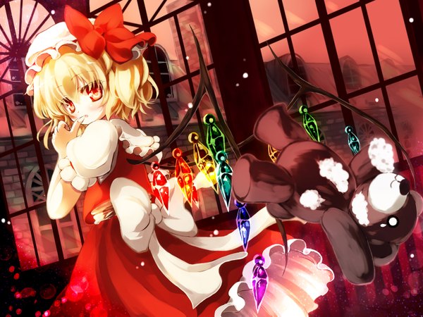 Anime picture 1600x1200 with touhou flandre scarlet gengetsu chihiro single looking at viewer short hair open mouth blonde hair red eyes ponytail looking back turning head side ponytail finger to mouth girl bow hat wings toy stuffed animal