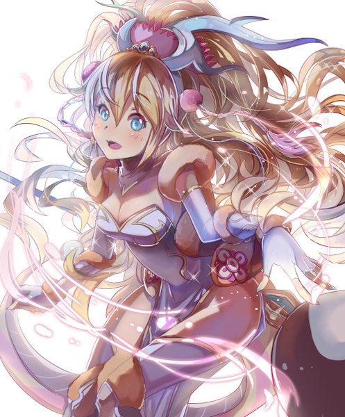 Anime picture 1000x1206 with puzzle & dragons kirin (p&d) shadowsinking single long hair tall image looking at viewer blush open mouth blue eyes blonde hair girl dress gloves elbow gloves