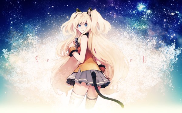 Anime picture 1440x900 with vocaloid seeu katase waka single long hair fringe blue eyes blonde hair wide image standing bare shoulders animal ears tail pleated skirt looking back from behind cat ears inscription cat girl cat tail