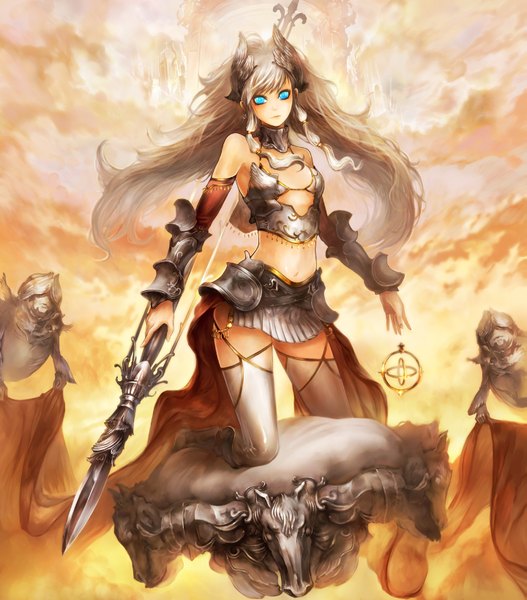 Anime picture 1439x1640 with lord of vermilion valkyrie (lord of vermilion) suzuya akinori long hair tall image blue eyes twintails sky cloud (clouds) white hair girl thighhighs weapon white thighhighs armor