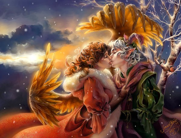 Anime picture 1280x976 with original shideh (artist) brown hair sky silver hair cloud (clouds) eyes closed profile pointy ears grey hair couple hug snowing wavy hair winter elf face to face kiss almost kiss curly hair