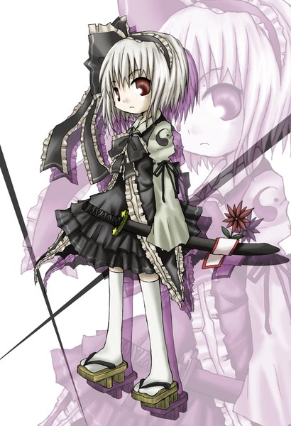 Anime picture 1580x2312 with touhou konpaku youmu tall image brown eyes grey hair zoom layer girl thighhighs bow sword hairband katana