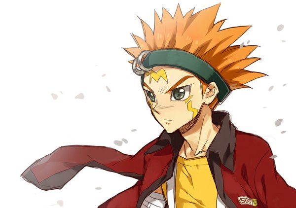 Anime picture 1024x721 with yu-gi-oh! hogan crow molly (artist) single simple background white background red hair open clothes grey eyes tattoo clothes on shoulders spiked hair boy petals hairband bandage (bandages)
