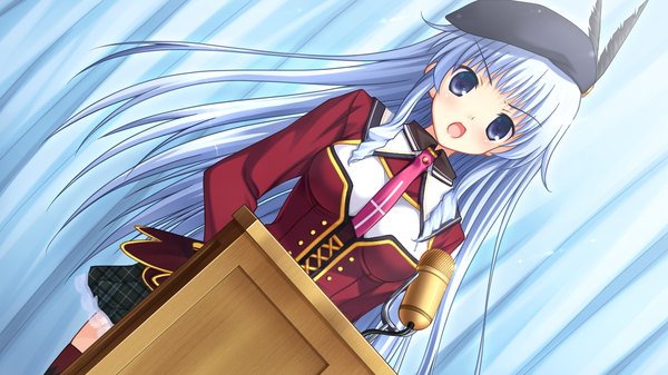 Anime picture 1280x720 with himitsu no otome single long hair open mouth blue eyes wide image blue hair game cg girl uniform school uniform beret microphone