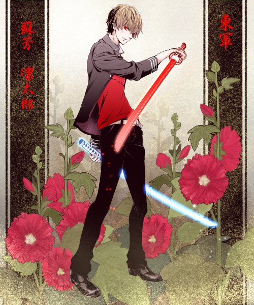 Anime picture 1000x1200 with original tamahagane gakuen touransai suou rintarou bacopa tall image looking at viewer short hair blonde hair red eyes brown hair standing holding multicolored hair open clothes open jacket two-tone hair glowing floral background glowing weapon boy