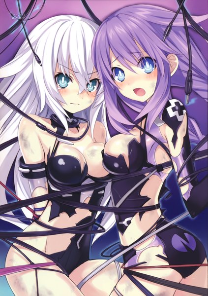 Anime picture 4932x6992 with choujigen game neptune purple heart black heart tsunako long hair tall image blush highres breasts open mouth blue eyes light erotic bare shoulders multiple girls absurdres purple hair white hair official art tears girl