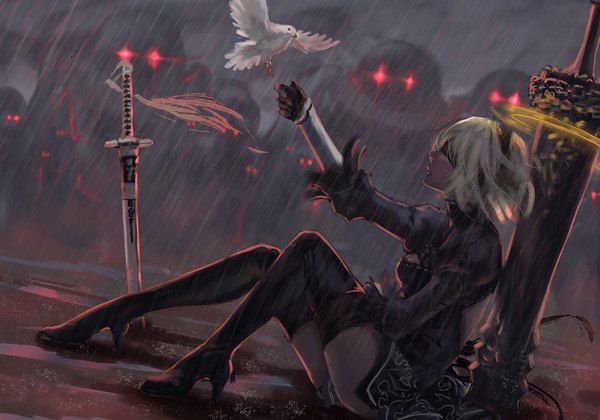 Anime picture 1500x1050 with nier nier:automata yorha no. 2 type b august ice single short hair light erotic payot full body bent knee (knees) white hair profile mole high heels zettai ryouiki puffy sleeves magic rain mole under mouth blindfold