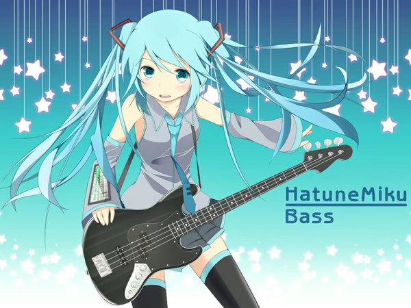 Anime picture 1066x800 with vocaloid hatsune miku chimuchimu long hair twintails green eyes green hair character names girl thighhighs detached sleeves necktie star (symbol) musical instrument guitar