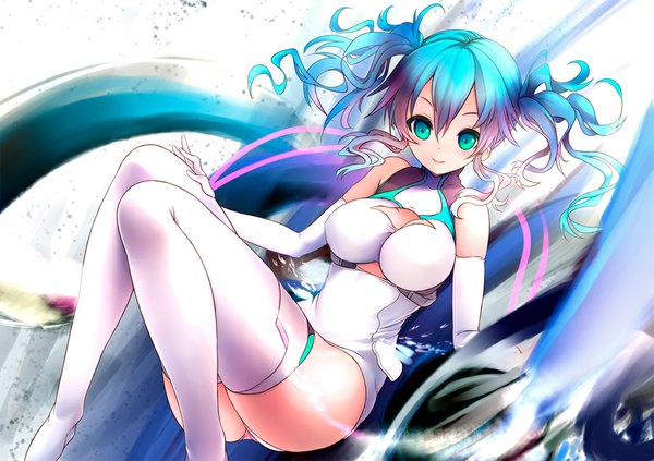Anime picture 1100x777 with vocaloid goodsmile racing hatsune miku racing miku sora to umi single long hair looking at viewer breasts light erotic smile large breasts twintails bare shoulders aqua eyes aqua hair girl thighhighs gloves white thighhighs