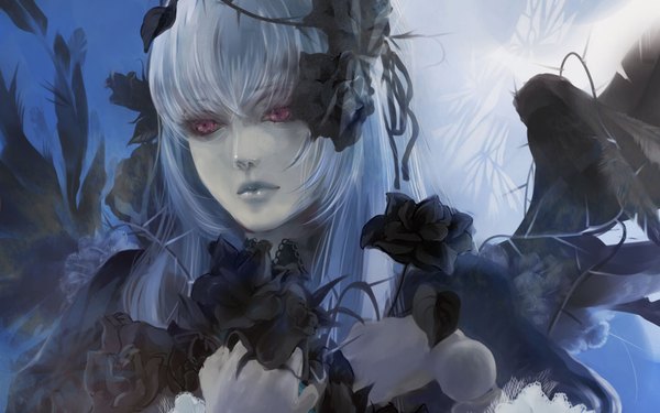 Anime picture 1920x1200 with rozen maiden suigintou single long hair fringe highres red eyes wide image white hair pale skin black wings goth-loli sad angel gothic albino girl flower (flowers) wings rose (roses)
