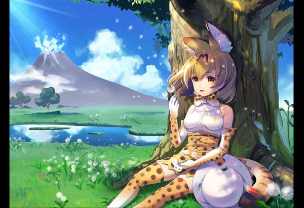 Anime picture 2195x1500 with kemono friends serval (kemono friends) joey koguma single fringe highres short hair open mouth smile hair between eyes brown hair sitting bare shoulders holding brown eyes animal ears looking away sky cloud (clouds) outdoors