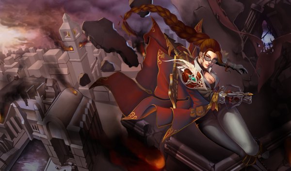 Anime picture 5093x3001 with league of legends vayne (league of legends) eric-c (artist) single long hair highres blue eyes brown hair wide image absurdres light smile girl gloves weapon glasses crossbow