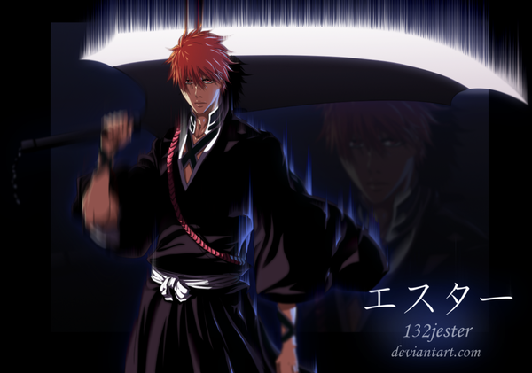 Anime picture 1300x914 with bleach studio pierrot kurosaki ichigo 132jester single short hair japanese clothes orange hair inscription orange eyes coloring hieroglyph zoom layer boy weapon belt kimono huge weapon huge sword