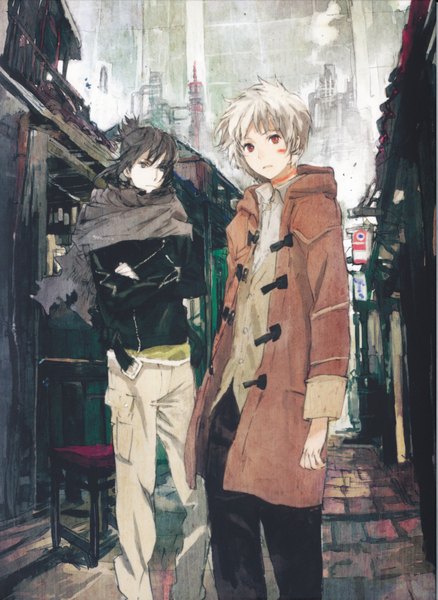 Anime picture 3277x4488 with no.6 studio bones nezumi (no.6) shion (no.6) tall image fringe highres short hair black hair blonde hair red eyes standing absurdres multiple boys crossed arms face paint street boy shirt jacket
