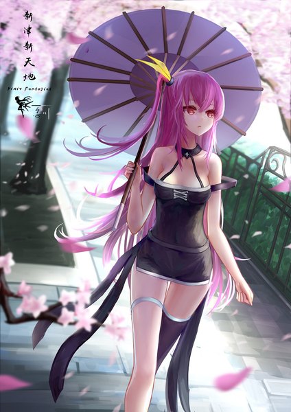 Anime picture 813x1150 with original pixiv fantasia wangchuan de quanyan single long hair tall image fringe breasts hair between eyes red eyes bare shoulders holding payot looking away pink hair outdoors sunlight blurry copyright name one side up