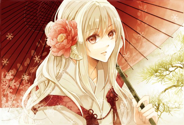 Anime picture 1770x1204 with original ria chitose single long hair fringe highres blonde hair holding brown eyes traditional clothes japanese clothes hair flower close-up girl hair ornament flower (flowers) kimono umbrella branch snowflake (snowflakes)