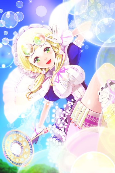 Anime picture 1000x1499 with original er wan shiwu single long hair tall image blush open mouth blonde hair green eyes girl gloves flower (flowers) glasses bonnet bubble (bubbles)