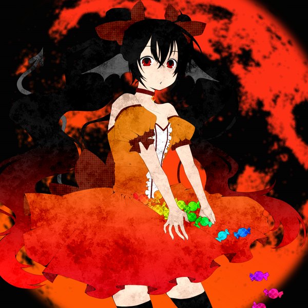 Anime picture 2000x2000 with vocaloid hatsune miku tagme (artist) single long hair looking at viewer highres open mouth black hair red eyes twintails bare shoulders halloween pale skin demon tail bat wings head wings falling girl thighhighs