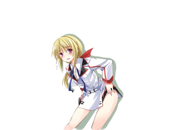 Anime picture 1024x768 with infinite stratos 8bit charles dunois single long hair blush open mouth light erotic simple background blonde hair white background purple eyes shadow girl uniform school uniform