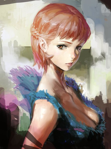 Anime picture 1432x1920 with original arata yokoyama single tall image fringe short hair breasts large breasts bare shoulders brown eyes looking away cleavage braid (braids) lips blurry orange hair realistic orange eyes portrait multicolored eyes