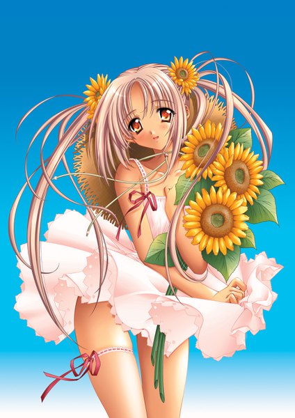 Anime picture 2146x3035 with original carnelian single long hair tall image looking at viewer fringe highres light erotic blonde hair smile twintails bare shoulders sky cloud (clouds) parted lips head tilt hair flower sunlight inscription