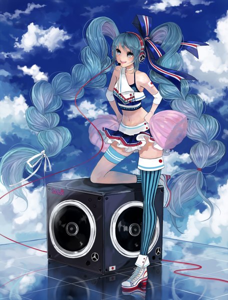 Anime picture 2739x3600 with vocaloid hatsune miku pisuke single tall image highres open mouth twintails bare shoulders sky cloud (clouds) braid (braids) very long hair aqua eyes aqua hair cheerleader girl thighhighs skirt headphones