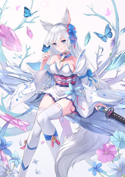 Anime picture 677x956 with original fuuro (johnsonwade) single long hair tall image breasts blue eyes sitting animal ears cleavage silver hair tail animal tail wide sleeves zettai ryouiki butterfly on hand girl thighhighs flower (flowers) weapon