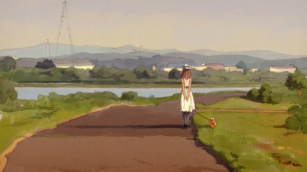 Anime picture 1120x630 with original kaisen single long hair brown hair wide image sky from behind hands behind back mountain walking river girl dress plant (plants) hat animal tree (trees) white dress building (buildings)