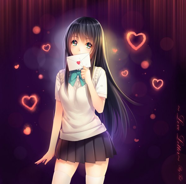 Anime picture 1500x1485 with original tidsean single long hair looking at viewer blue eyes black hair short sleeves zettai ryouiki covered mouth girl thighhighs skirt uniform school uniform shirt white thighhighs heart letter envelope