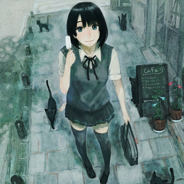 Anime picture 1158x1158 with original nimirom single fringe short hair blue eyes black hair from above light smile looking up girl thighhighs uniform flower (flowers) black thighhighs school uniform food sweets cat school bag