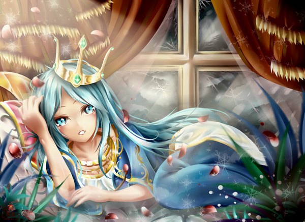 Anime picture 2031x1476 with league of legends ashe (league of legends) kanmaixso single looking at viewer blush highres open mouth aqua eyes lips aqua hair girl petals window curtains jewelry necklace crown gold