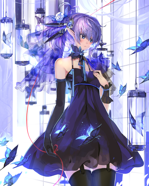 Anime picture 2400x3000 with original saberiii single long hair tall image blush highres blue eyes looking away purple hair pointy ears girl thighhighs dress gloves hair ornament black thighhighs black gloves elbow gloves insect