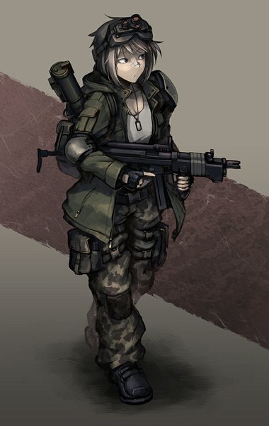 Anime picture 667x1052 with original hetza (hellshock) single tall image short hair open mouth brown hair brown eyes open clothes open jacket :o walking bandaid on nose girl gloves uniform weapon black gloves jacket fingerless gloves