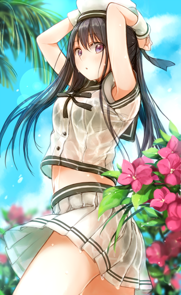 Anime picture 723x1176 with original krsk single long hair tall image looking at viewer blush fringe light erotic black hair purple eyes pleated skirt wet wet clothes girl skirt underwear panties flower (flowers) plant (plants)