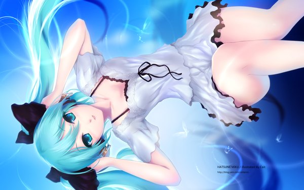 Anime picture 1680x1050 with vocaloid world is mine (vocaloid) hatsune miku cait single long hair open mouth wide image twintails aqua eyes aqua hair legs girl skirt headphones skirt set