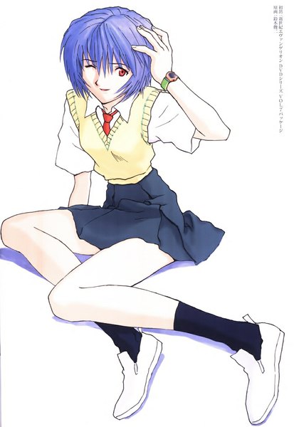 Anime picture 800x1162 with neon genesis evangelion gainax ayanami rei sadamoto yoshiyuki single tall image short hair breasts red eyes sitting blue hair looking away one eye closed light smile arm support short sleeves hand on head girl skirt uniform