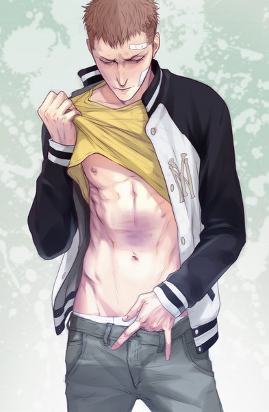 Anime picture 983x1500 with 19 days mo guan shan tashami single tall image short hair light erotic simple background pink hair eyes closed lips shirt lift injury bandaid on face bruise boy navel underwear panties jacket