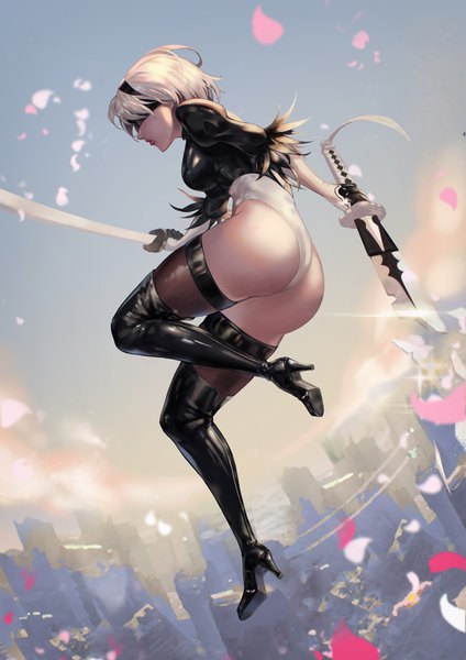 Anime picture 3000x4244 with nier nier:automata yorha no. 2 type b qsun single tall image highres short hair light erotic holding full body ass white hair profile mole high heels city cityscape jumping mole under mouth