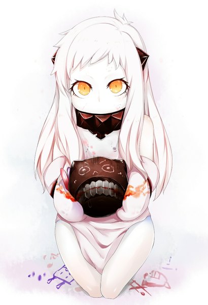 Anime picture 742x1084 with kantai collection northern ocean hime xiaodi single long hair tall image looking at viewer light erotic standing yellow eyes white hair horn (horns) bare legs kneeling clenched teeth white skin shinkaisei-kan blood stains drawing girl