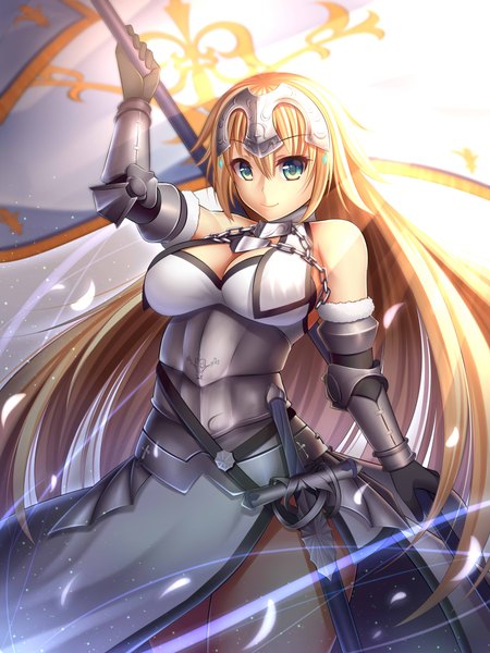 Anime picture 3000x4000 with fate (series) fate/apocrypha jeanne d'arc (fate) (all) jeanne d'arc (fate) guardian-panda single long hair tall image looking at viewer highres breasts blue eyes blonde hair girl dress gloves weapon sword elbow gloves armor