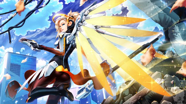 Anime picture 1920x1080 with overwatch blizzard entertainment mercy (overwatch) fullmetalaof single highres short hair blue eyes blonde hair smile wide image standing holding sky cloud (clouds) bent knee (knees) ass outdoors ponytail looking back