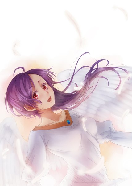 Anime picture 1250x1750 with original sora k single long hair tall image looking at viewer open mouth red eyes purple hair ahoge angel wings white wings girl wings feather (feathers)