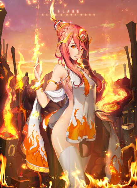 Anime picture 1275x1751 with original acid g single long hair tall image looking at viewer light erotic pink hair orange eyes girl thighhighs hair ornament white thighhighs fire