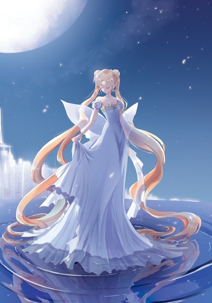 Anime picture 1500x2142 with bishoujo senshi sailor moon toei animation tsukino usagi princess serenity ahma single tall image blonde hair twintails bare shoulders eyes closed very long hair night reflection girl dress hair ornament moon