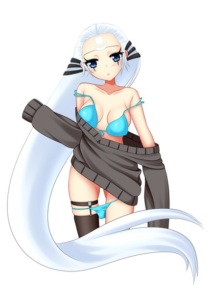 Anime picture 1072x1500 with league of legends diana (league of legends) yoye (pastel white) single long hair tall image looking at viewer blush breasts blue eyes light erotic simple background white background white hair girl thighhighs black thighhighs swimsuit bikini