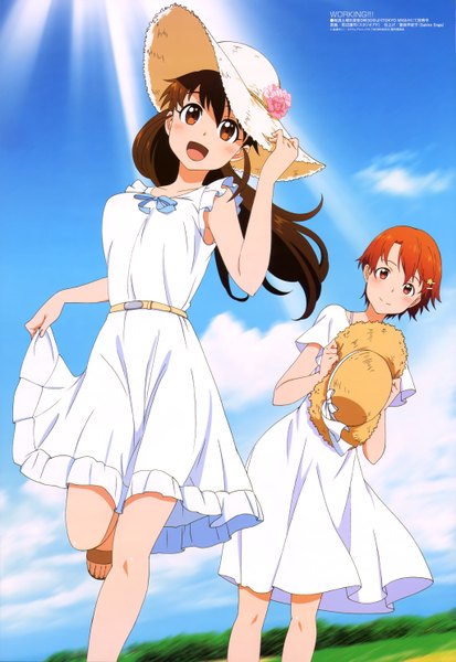 Anime picture 4090x5932 with working!! a-1 pictures megami magazine taneshima popura inami mahiru tanabe kenji long hair tall image blush highres short hair open mouth brown hair multiple girls brown eyes absurdres sky cloud (clouds) orange hair official art